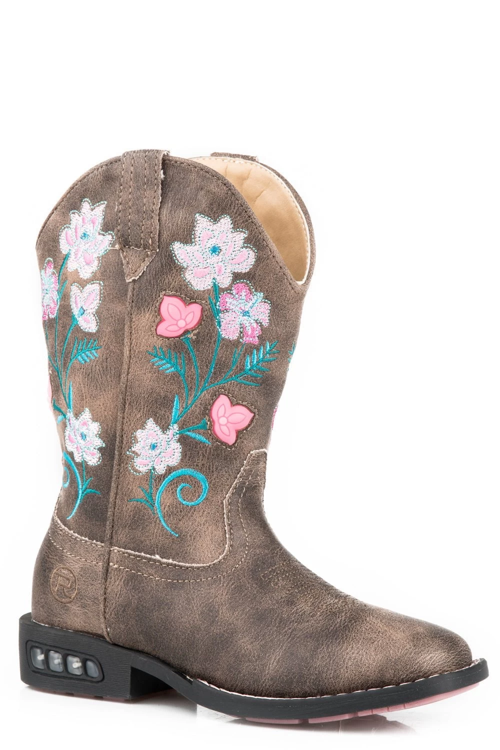 Roper Kids Girls Brown Faux Leather Dazzle Floral Lights Cowboy Boots 1 Roper Kids Girls Brown Faux Leather Dazzle Floral Lights Cowboy Boots