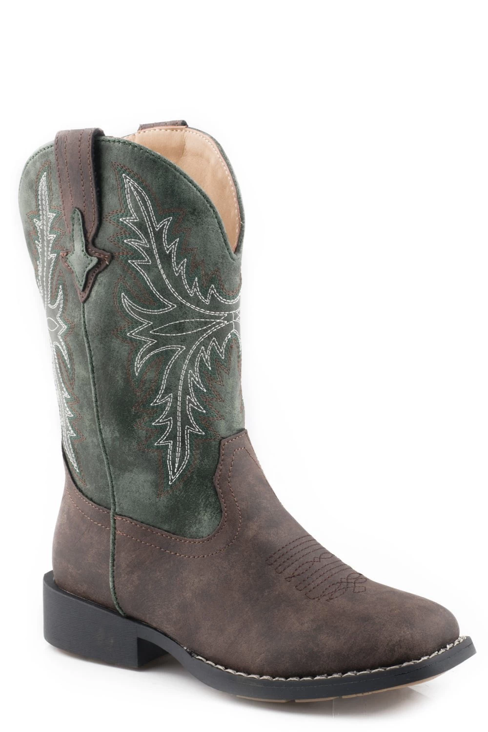 Roper Boys Kids Brown/Green Faux Leather Jed Cowboy Boots 1 Roper Boys Kids Brown/Green Faux Leather Jed Cowboy Boots