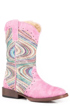 Roper Kids Girls Pink Faux Leather Glitter Swirl 9In Cowboy Boots