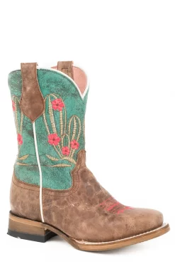 Roper Kids Tan/Turquoise Leather Cactus Cutie Cowboy Boots