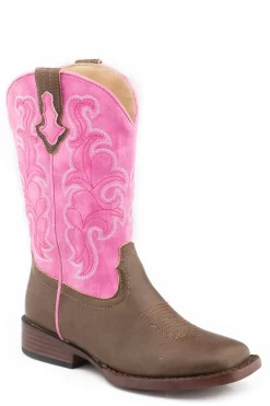 Roper Girls Youth Brown/Pink Faux Leather Blaze Cowboy Boots
