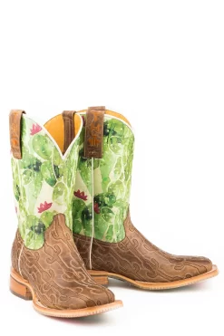 Tin Haul Womens Tan/Green Leather Cacstitch Cowboy Boots -Fashion Footwear Shop 1402100071370c