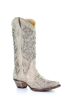 Corral Boots Corral Ladies Inlay White Cowhide Leather Cowgirl Boots