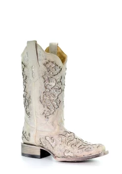 Corral Boots Corral Ladies Inlay White Cowhide Leather Cowgirl Boots