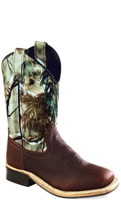 Old West Camo Childrens Boys Carona Calf Leather Square Toe Cowboy Boots