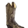 Old West Brown Kids Girls Leather 8in Floral Cowboy Boots