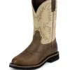 Justin Mens Brown Waxy Leather Work Boots 11in Stampede Pull-On