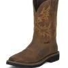 Justin Mens Tan Rugged Leather Work Boots 11in Stampede Steel Toe