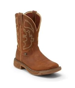 Justin 11in WP EH Mens Rustic Tan Stampede Rush Leather Work Boots -Fashion Footwear Shop WK4330 R